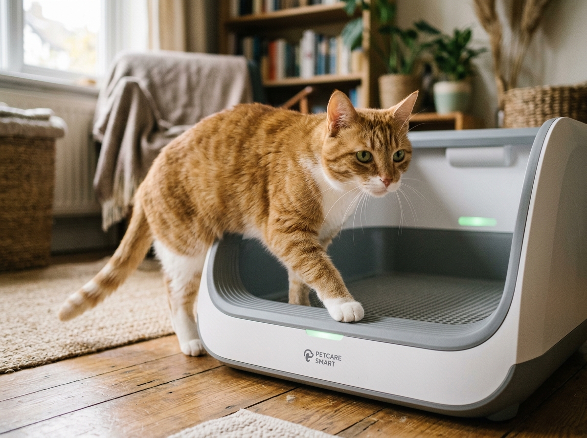 Cat stepping into a low threshold wide entrance litter box