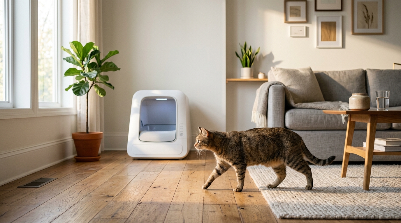 Cat inspecting automatic self cleaning litter box in a clean modern room